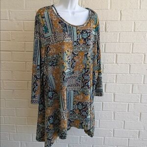 Chico's Multicolor Floral Geometric Print Tunic Top, Cutout Scoop Neck, Size XL